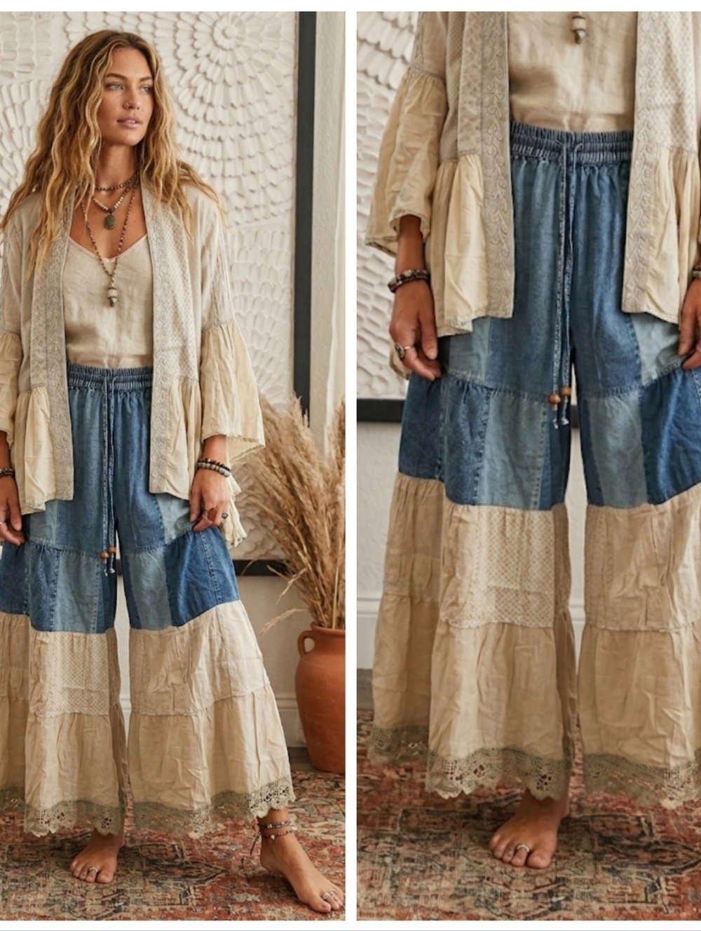 Boho Patchwork Wide Leg Crochet Trim Pants - Cream & Denim